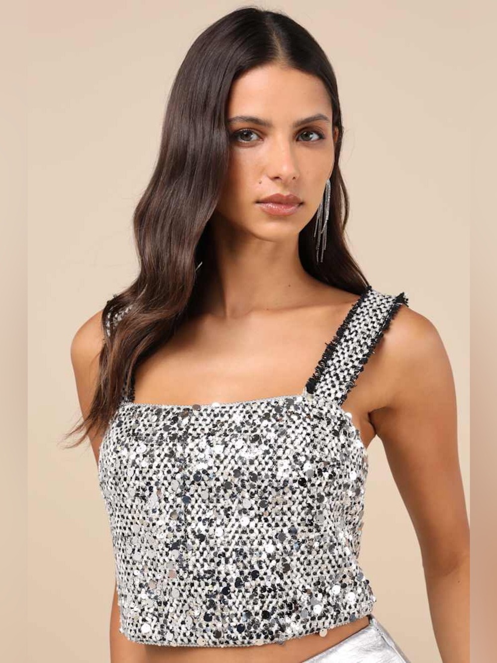 NWT Lulus Aesthetically Chic Ivory and Black Tweed Sequin Cropped Tank Top Med